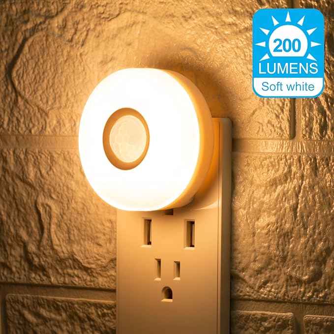 CREWEEL Night Light, Plug in LED Nightlight, 200Lumens Bright Plug-in Motion Sensor Light Indoor, Energy Efficient, Soft Warm Lighting for Home(Warm White 4Pack)