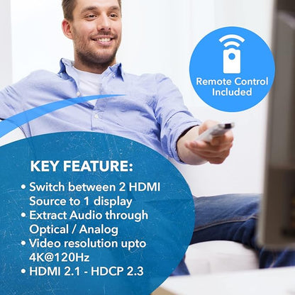 OREI 8K HDMI 2.1 Switch 4K@120hz Switcher 2 in 1 Out, with Audio Extraction 48Gbps Bandwidth, Ideal for Gaming and Streaming (BK-21A)