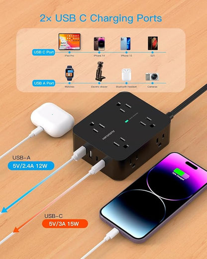 Power Strip Surge Protector, 5Ft Flat Extension Cord with Multiple Outlets