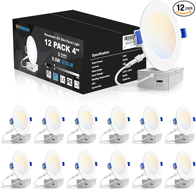 VOLISUN 12 Pack 4 inch Recessed Lighting, 5CCT LED Recessed Light with Junction Box, 2700K-5000K Selectable, 9.5W Eqv 80W, 810LM Dimmable Canless Wafer Downlight, LED Ceiling Light ETL Certificated