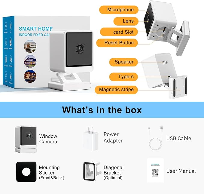 3MP 2K Window Security Camera,2.4G&5G WiFi Indoor Camera for Home with Color Night Vision,24/7 Recording,Motion Detection,Support SD Card and US Cloud Storage,Easy Install & Setup