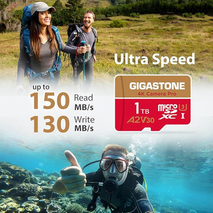 【5-Years Data Recovery】 GIGASTONE 1TB Micro SD Card 4-Pack, 4K Camera Pro, R/W up to 150/130 MB/s, 4K Video Recording for GoPro, DJI, Drone, MicroSDXC Memory Card UHS-I U3 A2 V30, with Adapter
