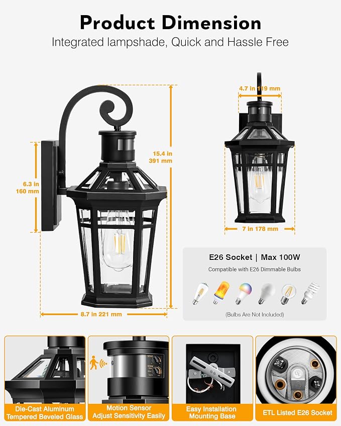 2 Packs Outdoor Lighting with Motion Sensor, Modern Dawn to Dusk Porch Light Fixture Wall Mount, Exterior Wall Lantern Sconce with Matte Black Finish, Waterproof Coach Lights for Garage, Patio