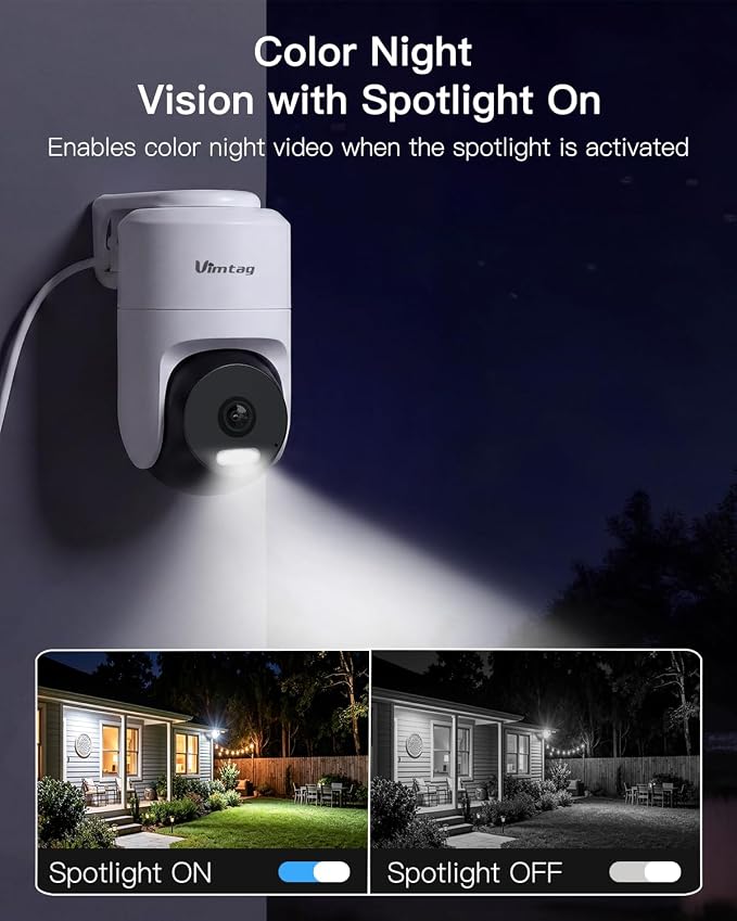 VIMTAG Pan/Tilt Outdoor Security Camera, 4K 8MP WiFi Home CCTV Camera, 360° View & Motion Tracking, Color Night Vision, 2-Way Audio, AI Detection Alarm, IP66, Cloud & SD Card Storage, Works w/Alexa