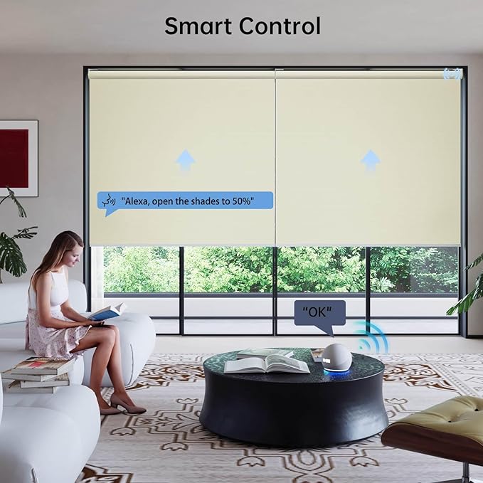 Motorized Coupled Shades, Blackout Smart Blinds for Large Windows Automatic Blinds Compatible with Alexa, Motorized Roller Shades Customized for Bedroom Home Office(Blackout-Vinyl Cream)