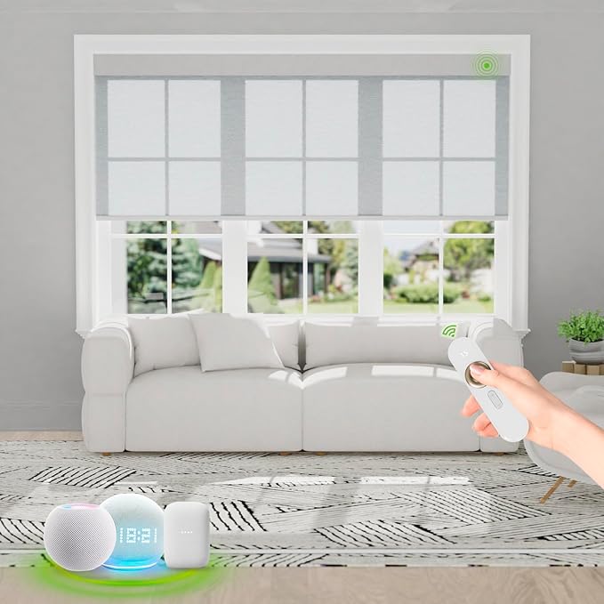 Motorized Blinds with Remote [Light Filtering] Smart Blinds Compatible with Alexa Google HomeKit, 70% Blackout Automatic Roller Shades for Indoor Windows, Customized Size, Linear Silver