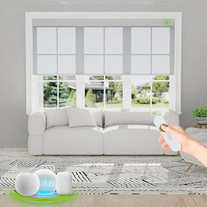 Motorized Blinds with Remote [Light Filtering] Smart Blinds Compatible with Alexa Google HomeKit, 70% Blackout Automatic Roller Shades for Indoor Windows, Customized Size, Linear Silver