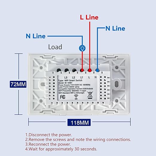 WiFi Smart Light Switch 4.65 X 2.83 X 1.34 Inches,1-Button,2.4GHz Wi-Fi Touch Switch,Neutral Wire Required,Work with Smart Life/Tuya App and Alexa,White