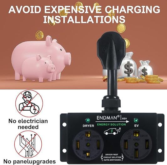 Automatic Power Switch & Adapter (NEMA 14-30P to 14-50R) - Intelligent Dryer Splitter Sharing 240V Outlet - Level 2 EV Charging Station for Tesla & All EVs