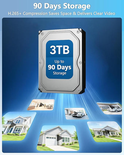 【90 Days Storage & 130° Wide Angle】 Wireless Security Camera System, Wireless Cameras for Home Security, Outdoor WiFi Video Surveillance DVR Kits