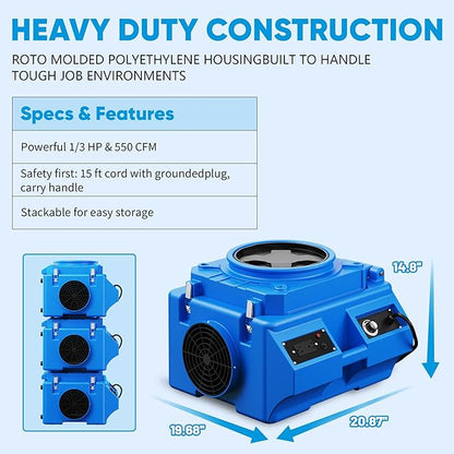 Air Scrubber with 3 Stage Filtration, 550CFM Stackable Negative Air Machine for Industrial and Commercial Use, Heavy Duty Air Cleaner with HEPA/Activated carbon Filter, Light Blue-3PC