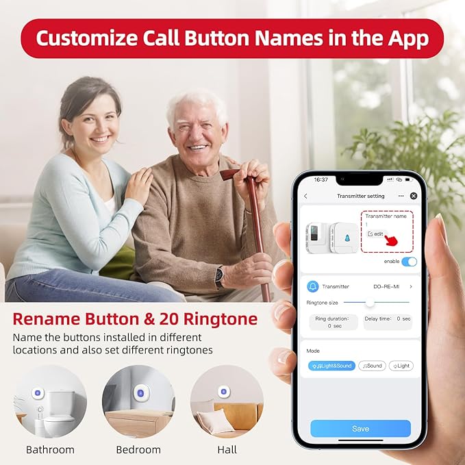 CallToU Wi-Fi Wireless Caregiver Pager Call Button for Elderly at Home , APP Emergency Alert for Seniors, Patients, and the Disabled with 2 Call Button, 2 Receiver (2.4GHz Wi-Fi)