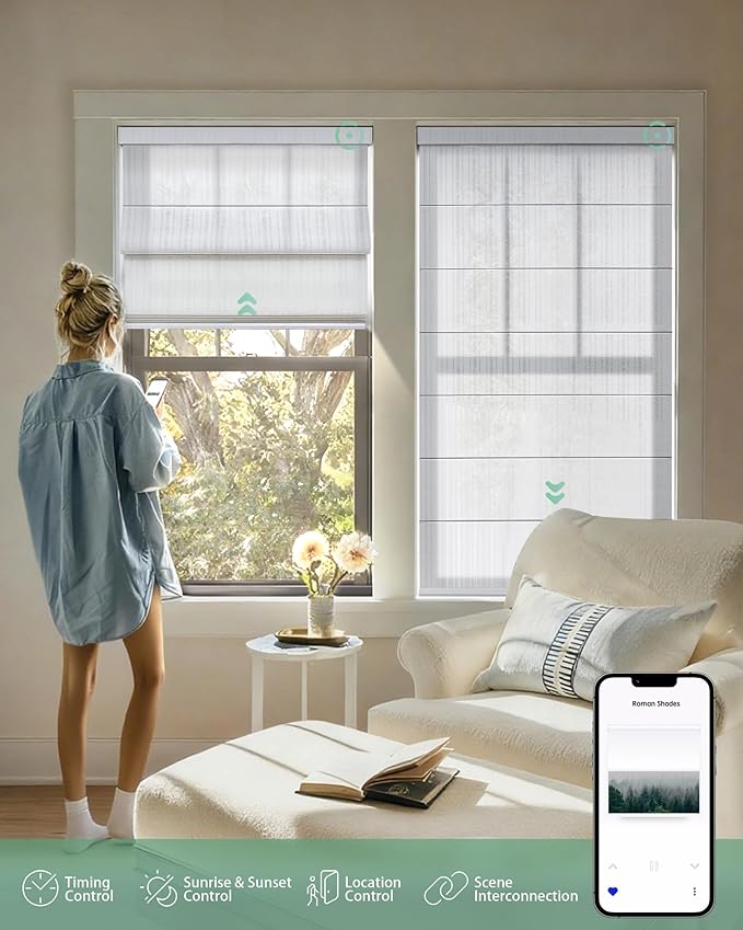 Yoolax Motorized Roman Shades with Remote, Smart Roman Shades for Indoor Windows, Light Filtering Automatic Blinds Work with Alexa, Google, Apple Homekit for Living Room, Customized (Strip White)
