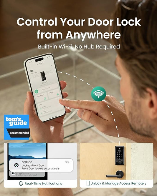 DESLOC Smart Lock D110 Plus, Fingerprint Keyless Entry Door Lock, Built-in Wi-Fi, App Remote Control, Smart Locks for Front Door, Keypad Deadbolt with LockVue Display, IP54, BHMA Grade 3