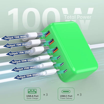 100W 6 in 1 USB Charger, 50% Smaller Charging Station for Multiple Devices | Fast Charging Blocks with Type C Port, USB Charging Hub Organizer Multiport Power Strip for iPhone,Samsung,Ipad,Kindle,Travel
