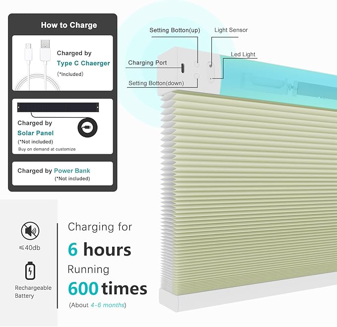 Changshade Smart Blinds Cellular Shades for Windows Doors Motorized with Remote Control, Custom Size Automatic Honeycomb Blind Electric Power Work with Alexa, Google Home, Light Filtering, Beige