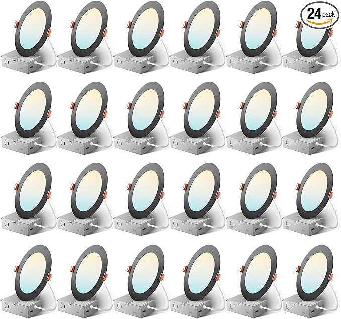 Amico 24 Pack Black 6 Inch 5CCT Ultra-Thin LED Recessed Ceiling Light with Junction Box, 2700K-5000K Selectable, 1050 Lumens, Dimmable Canless Wafer Downlight, 12W Eqv 110W-ETL&FCC