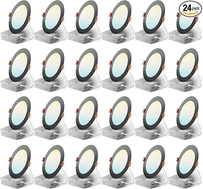 Amico 24 Pack Black 6 Inch 5CCT Ultra-Thin LED Recessed Ceiling Light with Junction Box, 2700K-5000K Selectable, 1050 Lumens, Dimmable Canless Wafer Downlight, 12W Eqv 110W-ETL&FCC