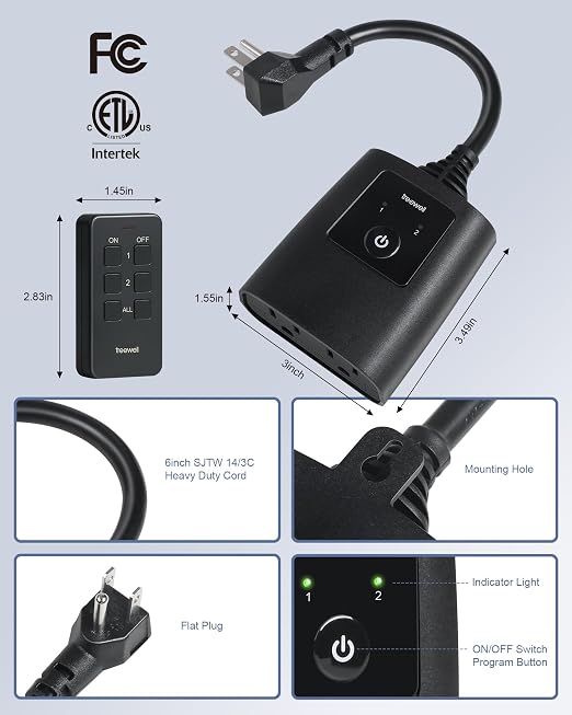 2 Independent Control Outdoor Remote Outlets with Magnetic Switch