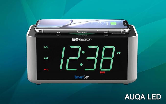 Emerson ER100202 Smartset Dual Alarm Clock Radio with USB Port and QI Wireless Phone Charger with Bluetooth, All Qi Compatible Phones