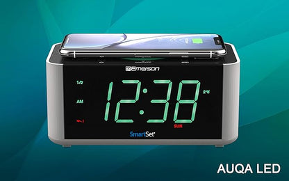 Emerson ER100202 Smartset Dual Alarm Clock Radio with USB Port and QI Wireless Phone Charger with Bluetooth, All Qi Compatible Phones