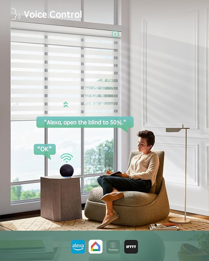 Yoolax Motorized Zebra Blinds Compatible with Alexa,Motorized Blinds with Remote Smart Automatic Custom Electric Window Blinds Cordless Indoor Light Filtering for Home Bedroom Kitchen (Sheer White)