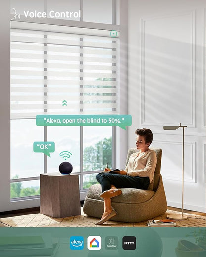 Yoolax Motorized Zebra Blinds Compatible with Alexa,Motorized Blinds with Remote Smart Automatic Custom Electric Window Blinds Cordless Indoor Light Filtering for Home Bedroom Kitchen (Sheer White)