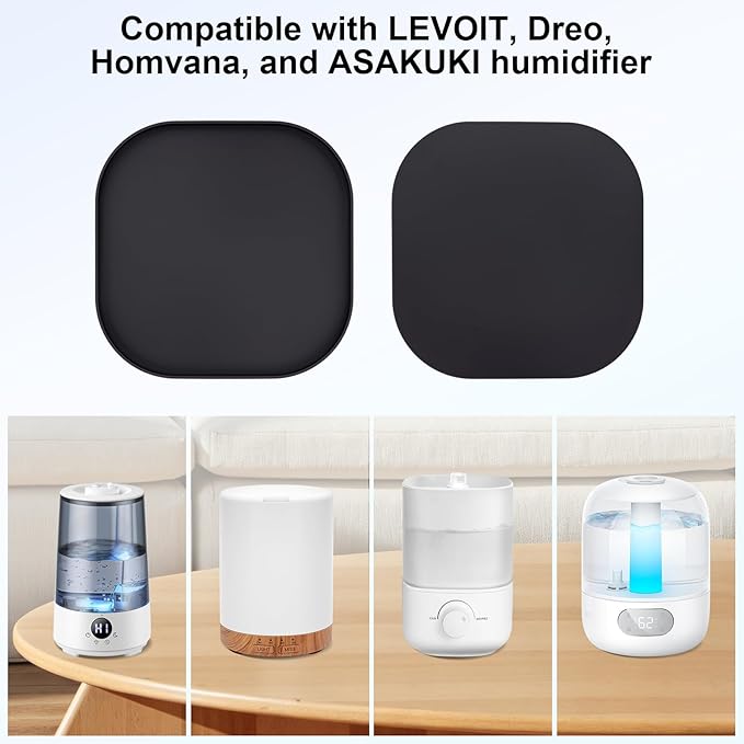 Silicone Humidifiers Drip Tray for LEVOIT, Dreo, ASAKUKI, Homvana Humidifiers, 10''x10'' Non-Slip & Leak-Proof Silicone Mat, Prevent Water Leakage and Protect Floor Surface (Black)