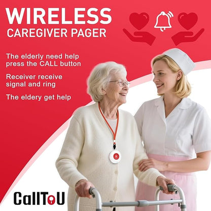 CallToU Caregiver Pager Wireless Call Button Nurse Alert System 500+ Feet for Home/Elderly/Patient/Disabled 1 Plugin Receiver 1 Waterproof Transmitter 1 Watch Transmitter