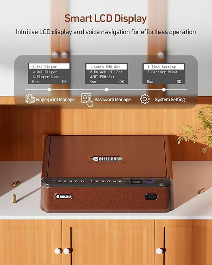 BILLCONCH Smart Gun Safe with Fingerprint, App, Keypad,LCD& Security Cable | Handgun Safe with 4 Quick-Access Methods, Voice Guidance, Built-in LED Light, Ideal for Nightstand, Bedside and Home - Brown