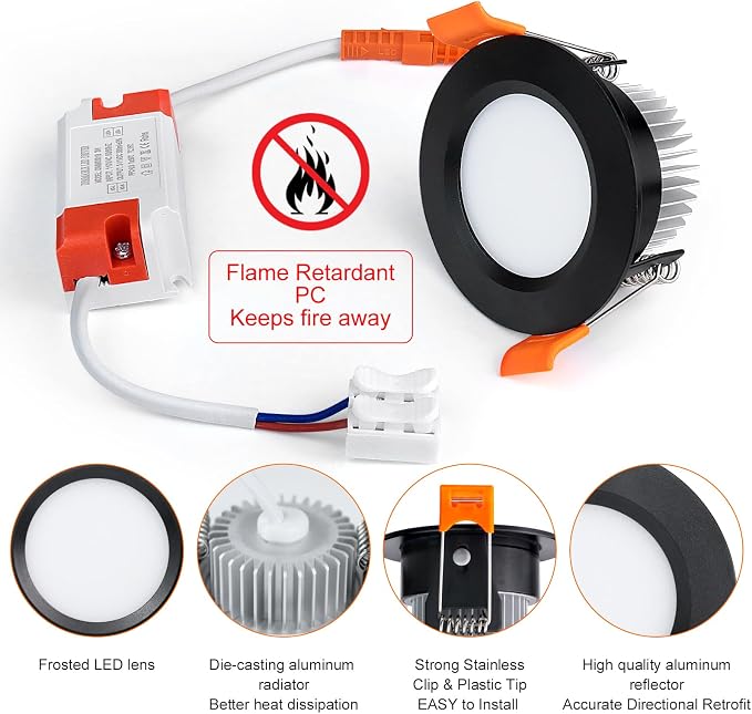 inShareplus 2 Inch LED Recessed Lighting, Black Downlight Dimmable 3W (35W Equivalent), 5000K Daylight White, CRI80, Recessed Light Fixtures with LED Driver (10 Pack)
