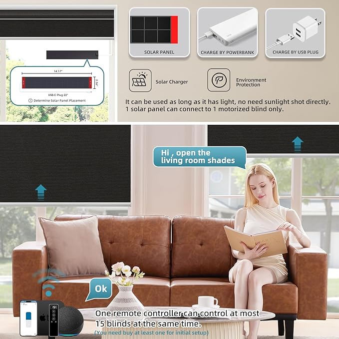 SmartWings Motorized 100% Blackout Shades Blinds, Custom Size, Cordless Window Shades with Rechargeable Battery, Work with Matter/Apple HomeKit, Alexa, Thread/Zigbee, Remote Optional, Eclipse Black