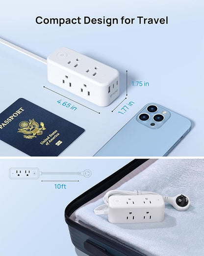 TROND Power Strip with 360 Rotating Plug, 10ft Flat Extension Cord with 2 USB C and 1 USB A, 6 Widely Spaced Outlets, 1440J Surge Protector, Surge Protector Power Strip for Home Travel Office, White