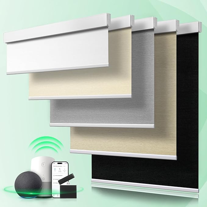 Smart Blinds Blackout Motorized Blind Custom Remote Control Roller Shades Cordless Automatic Electric Blinds for Windows Blind&Shades Compatible with Alexa Google (White-Custom,Custom Size)