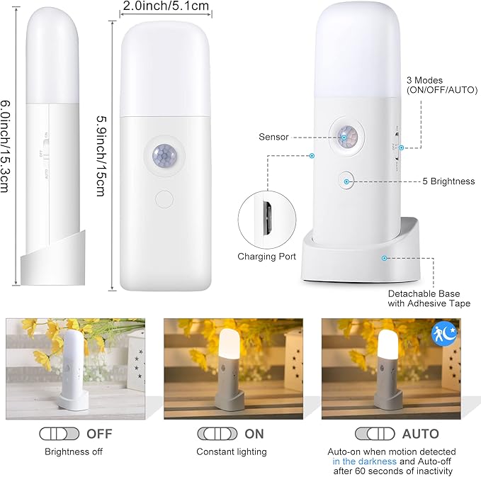 CREWEEL Motion Sensor Night Light, Dimmable Night Lights with 5 Brightness Levels, 2000mAh Rechargeable Battery Operated Light, Portable Motion Sensor Light for Kids Room, Bedroom, Hallway