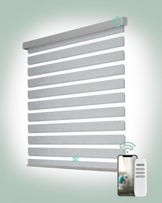 Yoolax Motorized Zebra Blinds, Remote Zebra Shades for Indoor Windows, Motorized Shades with Remote Light Control Horizontal Window Blinds Custom Size(60% Shading Sheer Gray)
