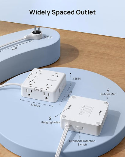 TROND Power Strip Surge Protector, 360° Rotating Flat Plug, 8 Widely Spaced Outlets, 3C1U, Flat Plug Extension Cord 10ft, 1440J Surge Protector, Home Office, White