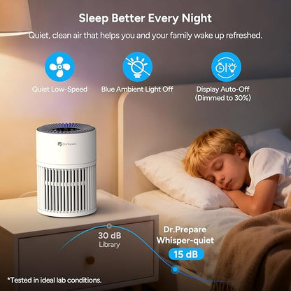 Dr.Prepare Air Purifiers for Bedroom - Covers Up to 1075 ft² - H13 HEPA Washable Filter with 15 dB Sleep Mode & Night Light, 360°Air Inlet, 3 Timer - Quiet Air Cleaner For Pets, Home, Office,Baby Room