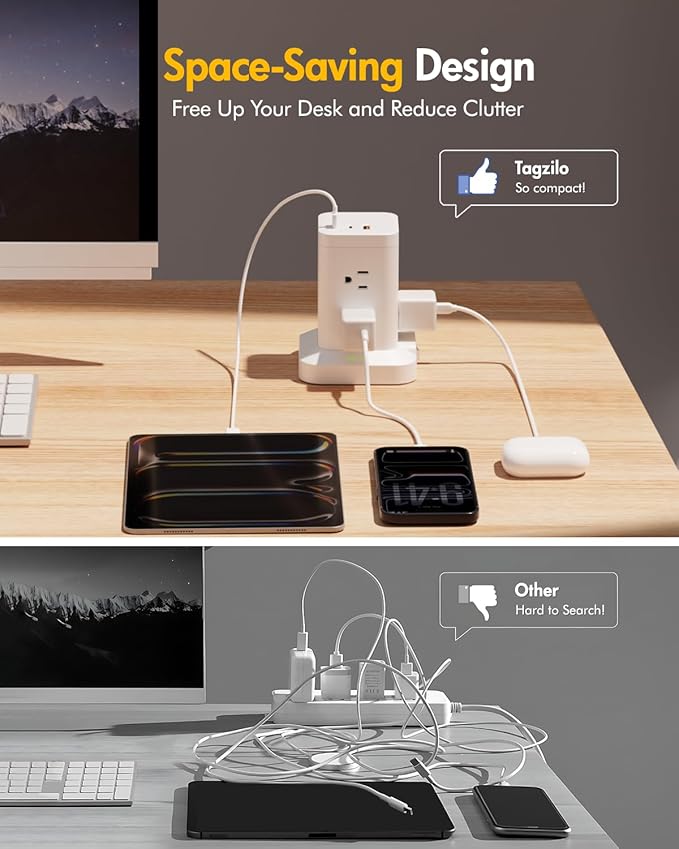 Power Strip Tower with Surge Protector 1800J, Fast Charging Tower PD20W USB-C Ports with 8 AC Outlets, 6ft Extension Cord for Home Office Dorm Room, White
