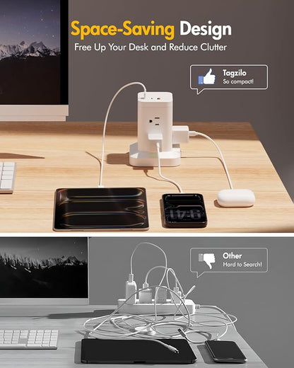 Power Strip Tower with Surge Protector 1800J, Fast Charging Tower PD20W USB-C Ports with 8 AC Outlets, 6ft Extension Cord for Home Office Dorm Room, White