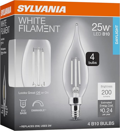 Sylvania B10 Clear LED White Filament Bulb, 2W, Dimmable, 200 LMS, Candelabra Base, 5000K, Daylight - 4 Pack (42264)
