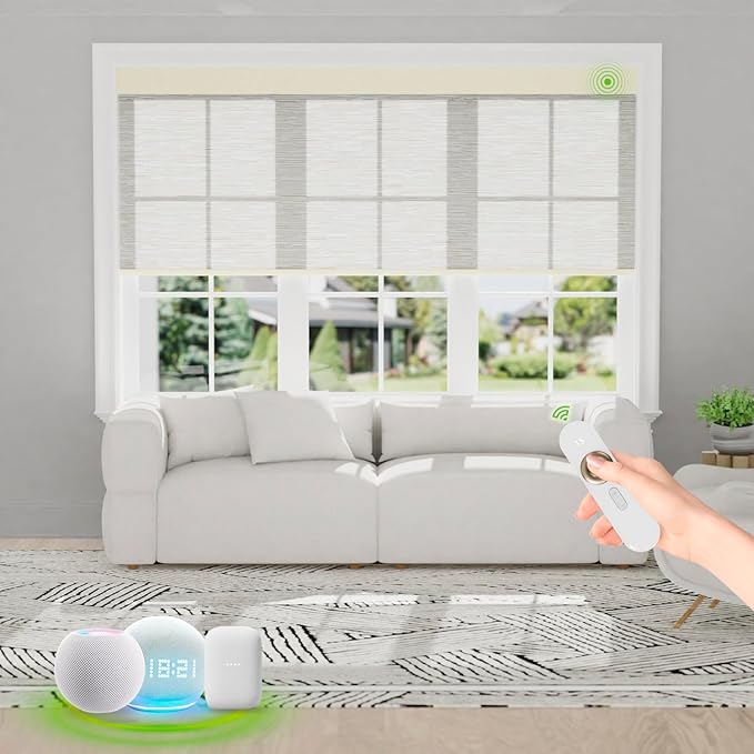 Motorized Blinds with Remote [Light Filtering] Smart Blinds Compatible with Alexa Google HomeKit, 60% Blackout Automatic Roller Shades for Indoor Windows, Customized Size, Wavy Wheat Gold