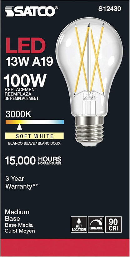 Satco S12430, Clear, Medium Base, 3000K, 90 CRI, 120 Volt, 12.5 Watt LED A19 Bulb