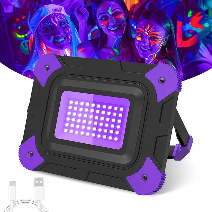 T-SUN Rechargeable Black Lights, Battery Powered Blacklights for Glow Party Fishing Cordless Black Light Ultraviolet Flood Light Outdoor Waterproof, Body Painting, Fluorescent Poster 1Pack