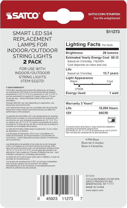 Satco S11273 1W S14 LED Replacement String Light Lamp, RGBW, Starfish IOT, Dimmable, 2700K Warm White and RGBW Color Changing, 26 Lumens, Clear, 4-Pin Base, 12V, Wet Location, 2 Bulbs Card (12 Pack)