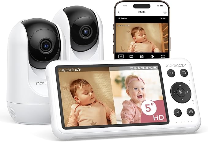 Momcozy BM04 Smart WiFi Baby Monitor with 2 Cameras, 5" 1080P Split Screen Video Baby Monitor with Camera and Audio, Motion Detection, Electric Fence, Clear Night Vision, 2-Way Audio, 5000mAh Battery