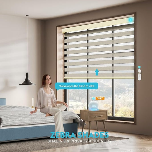Motorized Zebra Blinds with Remote, Work with HomeKit Alexa, Smart Light Filtering Horizontal Automatic Electric Window Shades for Home Office Customsize(50% Blackout Drumbeat Light Coffee)