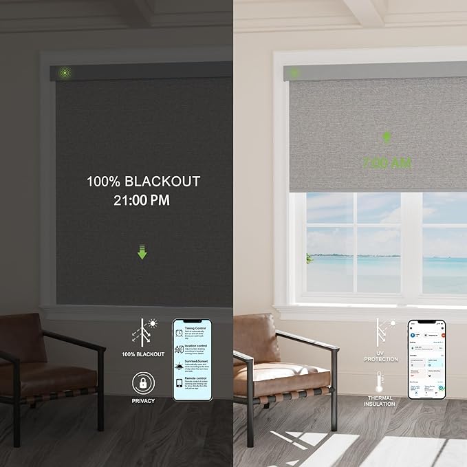 Motorized Blinds with Remote，100% Blackout Smart Blinds Motorized Roller Shades Compatible with Alexa Automatic Blinds for Windows Electric Window Blinds Customized Size Slate Noir
