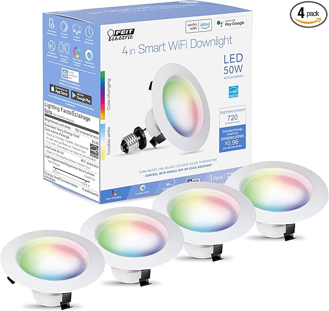 Feit Electric 4 Inch Smart Recessed Lights, Color Changing and Tunable White, 2.4GHz WiFi Retrofit LED Downlight E26 Base, Dimmable, 4 Pack, LEDR4/RGBW/AG/4