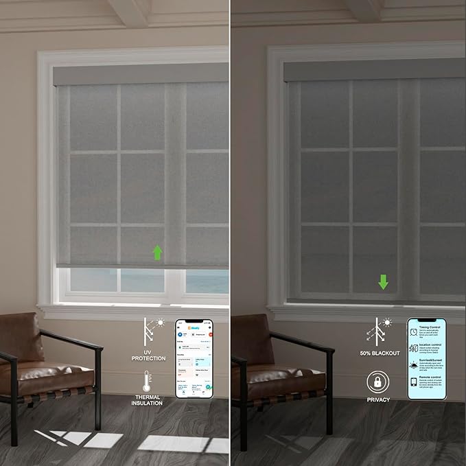 Motorized Blinds with Remote [Light Filtering] Smart Blinds Compatible with Alexa Google HomeKit, 80% Blackout Automatic Roller Shades for Indoor Windows, Customized Size, Mesh Gray